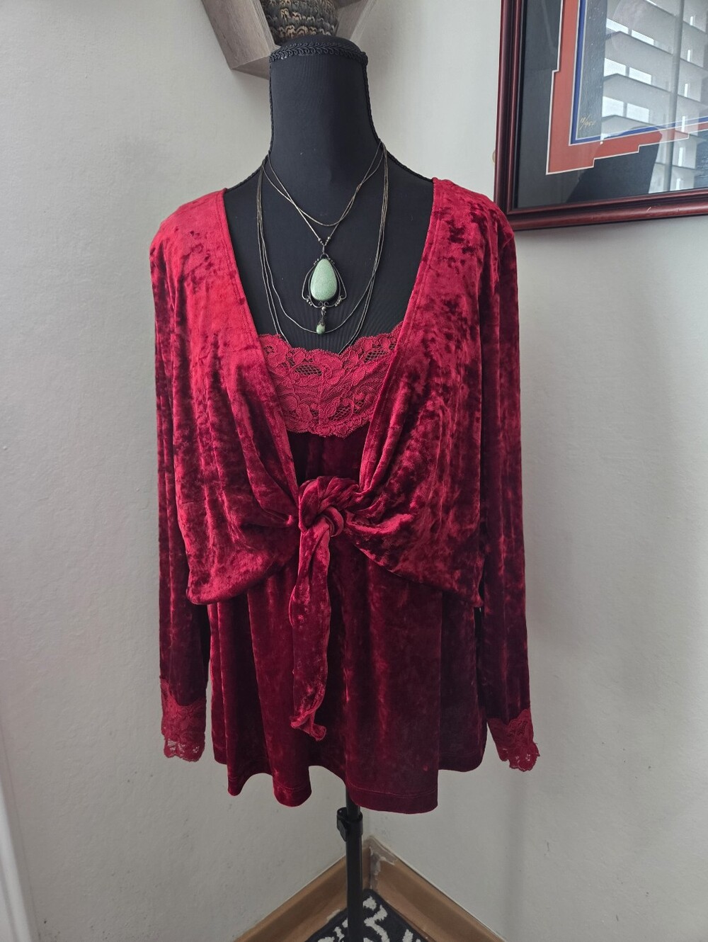 VTG. Velvet Lace Tie-Front Cami Top in Deep Red Whimsigoth Bohemian Festival 1X